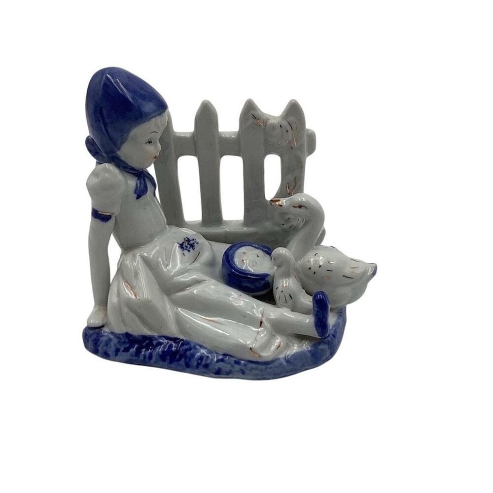 Vintage Blue & White Ceramic Girl Feeding Ducks Figurine